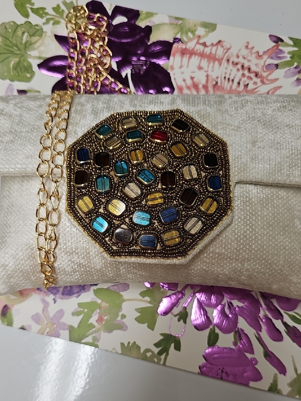 Embellished Ivory Clutch with Gold Chain